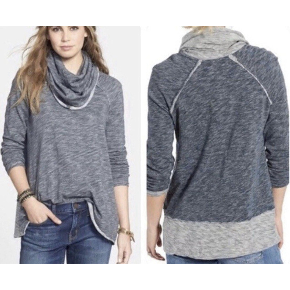 Free People Beach Top Women Sz S Gray‎ Boho Cozy Long Sleeve Coastal Cowl EUC